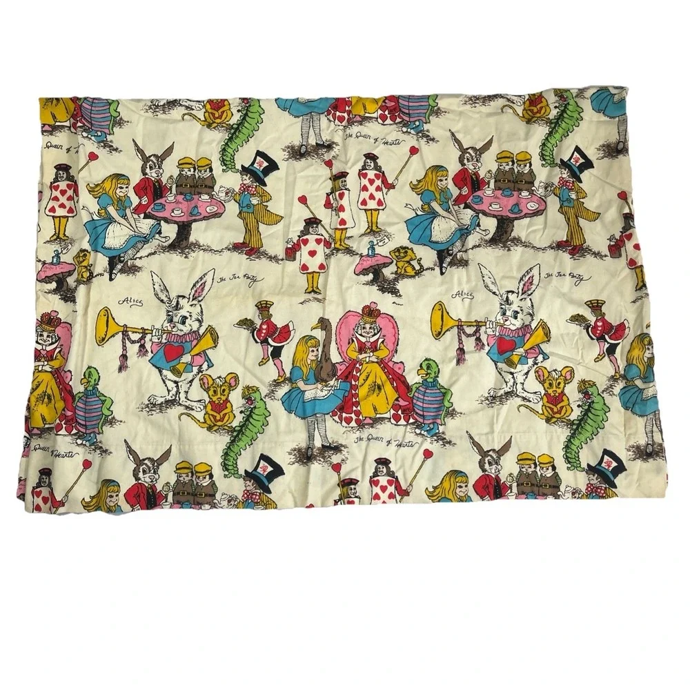 Vintage 1970s Alice in Wonderland Psychedelic Mad Hatter Tea Party Cotton Fabric